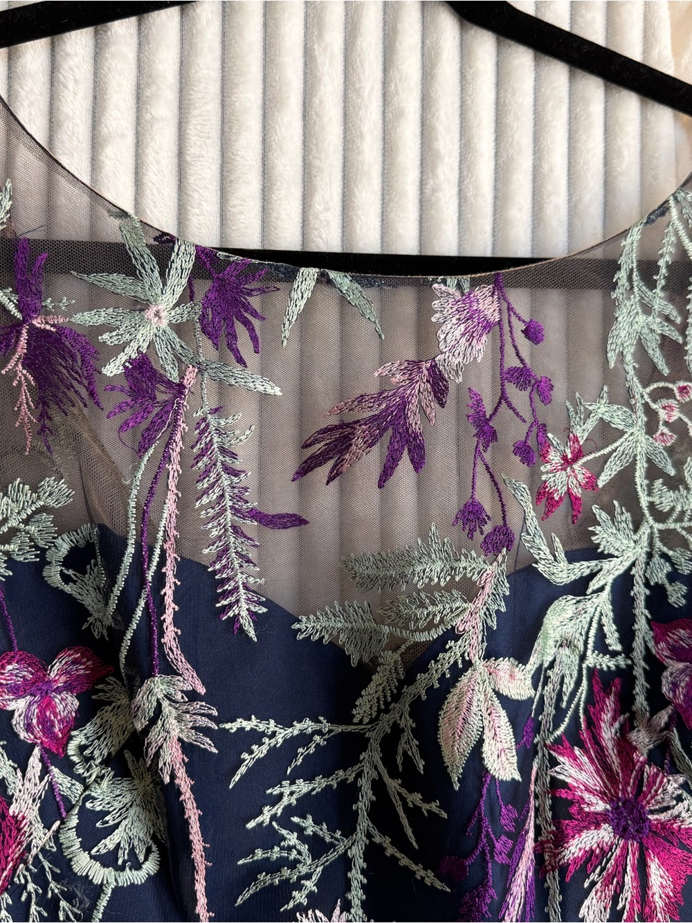 Marchesa Navy Mesh Midi Dress with Pink & Purple Floral Embroidery - Picture 2 of 6